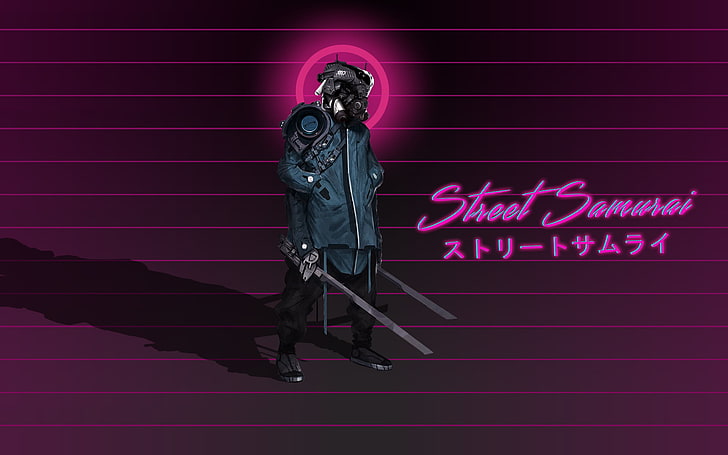 Street Samurai poster, cyberpunk, neon, typography, digital art, Photoshop, futuristic, samurai, HD wallpaper