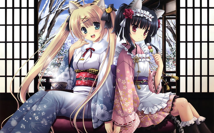anime kızlar, kimono, HD masaüstü duvar kağıdı