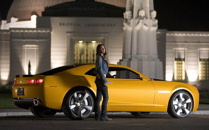 women with cars, Megan Fox, Chevrolet Camaro Bumblebee, Chevrolet Camaro, movies, Transformers, HD wallpaper