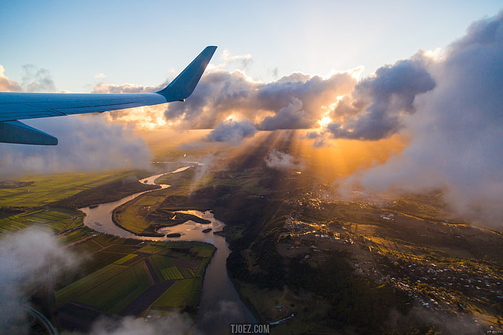 passenger aircraft, airplane, clouds, aircraft, sky, aerial view, HD wallpaper