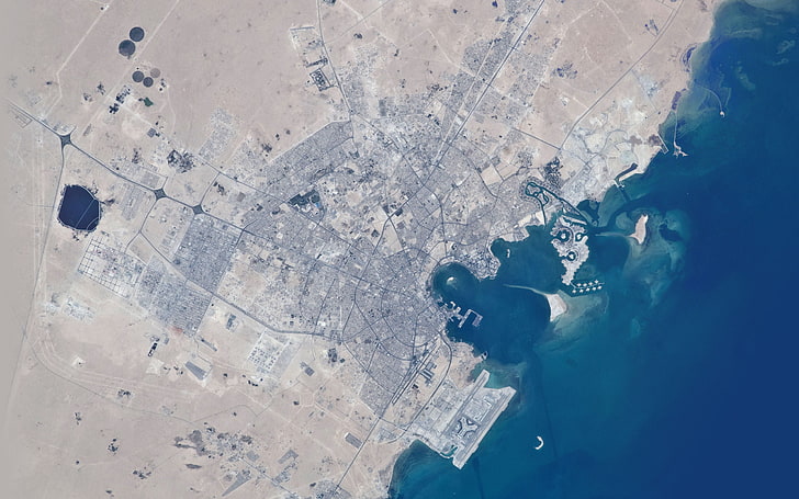 Lessiano Vieira, сателитни изображения, въздушен изглед, брегова линия, градски пейзаж, море, циан, сиво, инфраструктура, HD тапет