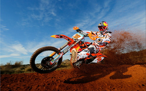 sepeda motor trail oranye dan putih, motorcross, sepeda motor, olahraga, olahraga, Wallpaper HD HD wallpaper