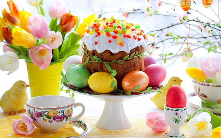 Ostern, Frühling, Blumen, Eier, bunt, Tulpen, Kuchen, verschiedene Lebensmittel und Dekor, Ostern, Frühling, Blumen, Eier, bunt, Tulpen, Kuchen, HD-Hintergrundbild