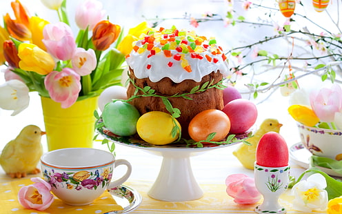 Easter, spring, flowers, eggs, colorful, tulips, cake, assorted food and decor, Easter, Spring, Flowers, Eggs, Colorful, Tulips, Cake, HD wallpaper HD wallpaper
