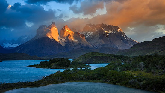 torres del paine national park, sky, mountain, wilderness, mount scenery, chile, glaciers, lakes, dawn, mountain range, morning, atmosphere, national park, lake, fjord, patagonia, HD wallpaper HD wallpaper
