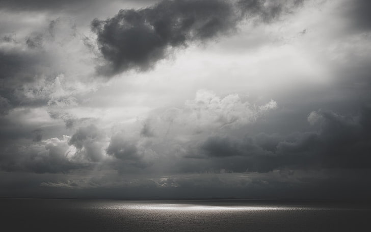 후광 구름, 구름, 흑백, 하늘, 바다, HD 배경 화면