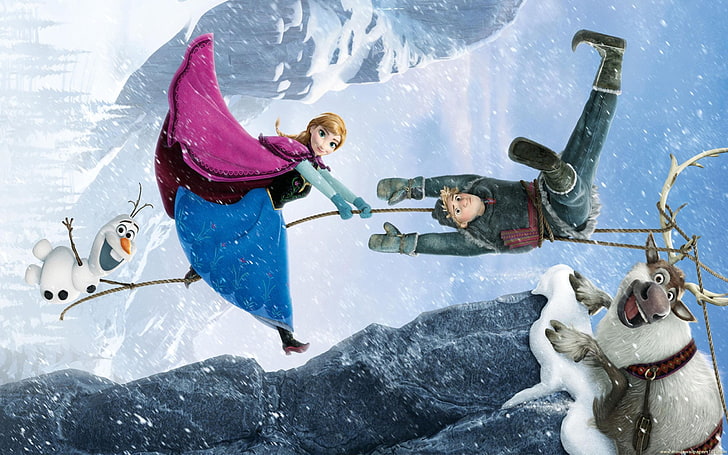 Frozen (2013), gustaff, anna, film, bonhomme de neige, iarna, hiver, olaf, fantaisie, fille, rennes, princesse, rose, disney, bleu, Fond d'écran HD