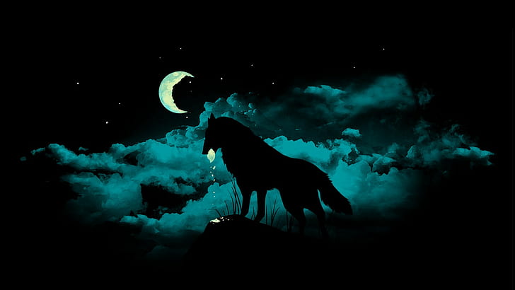 งานศิลปะ, ดำ, พระจันทร์เสี้ยว, หมาป่า, วอลล์เปเปอร์ HD