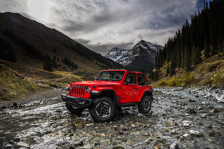 landscape, mountains, red, river, 2018, Jeep, Wrangler Rubicon, HD wallpaper