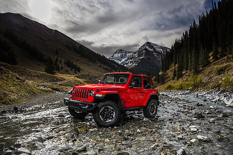 landscape, mountains, red, river, 2018, Jeep, Wrangler Rubicon, HD wallpaper HD wallpaper