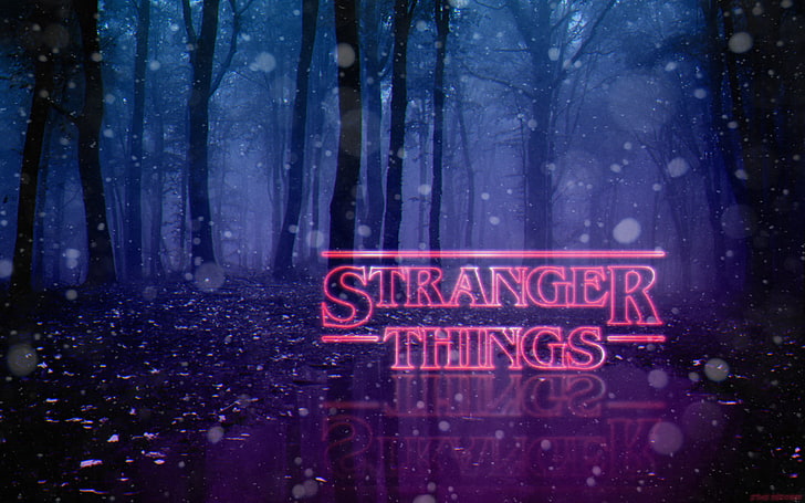 Stranger Things цифровые обои, Stranger Things, неон, лес, 1980-е, Photoshop, типография, цифровое искусство, HD обои