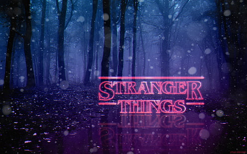 Papel de parede digital de Stranger Things, Stranger Things, néon, floresta, década de 1980, Photoshop, tipografia, arte digital, HD papel de parede HD wallpaper