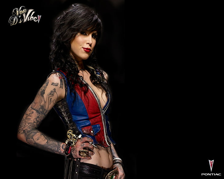 Kat Von D, women, tattoo, Tattoo Artist, black background, simple background, inked girls, dark hair, HD wallpaper