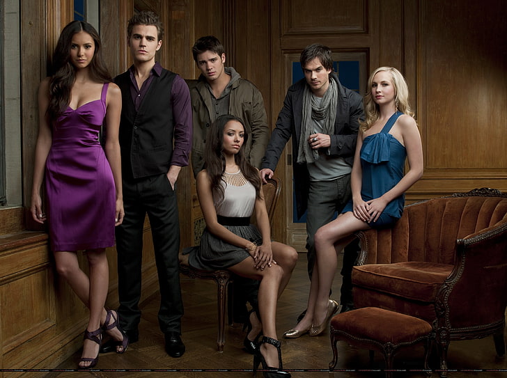 ärmelloses weißes und graues Damenkleid, The Vampire Diaries, Stefan, Elena, Damon, HD-Hintergrundbild