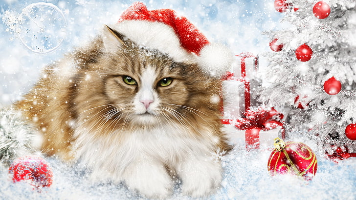 long haired brown cat, cat, rendering, holiday, toys, new year, decoration, HD wallpaper