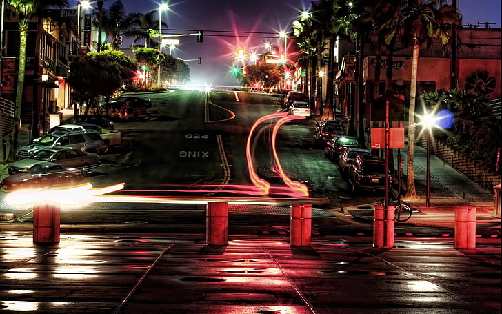 timelapse фотография на път, град, къщи, коли, улица, мегаполис, нощни светлини, HD тапет