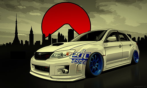ilustracja białego sedana, Subaru, Impreza, WRX, STI, Drift Spec Vector, autorstwa Edcgraphic, Tapety HD HD wallpaper