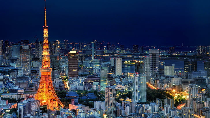 東京タワー、日本、夜、都市景観、ビュー、パノラマ、 HDデスクトップの壁紙