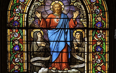 Jesus and Saints, saints, Heart, Christ, Jesus, stained glass, HD wallpaper HD wallpaper