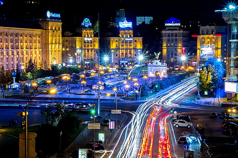 wieżowce, noc, Ukraina, Kijów, plac Niepodległości, Tapety HD HD wallpaper