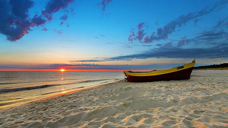 коричневая и желтая каноэ, лодка, закат, вечер, романтика, песок, пляж, горизонт, HD обои