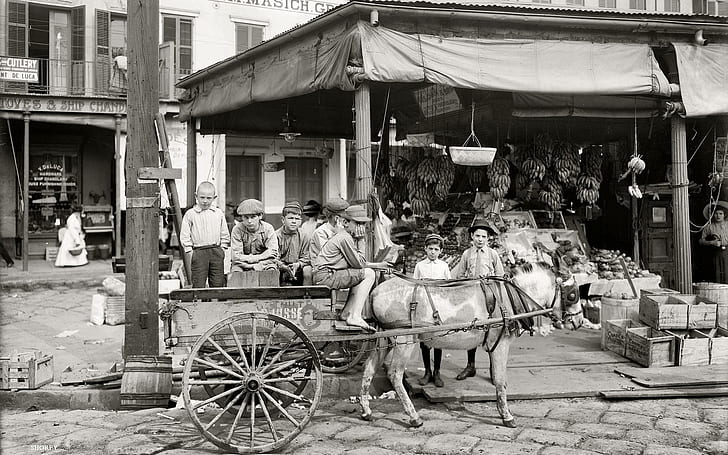 Mercato francese 1910, carrozza in legno marrone, antico, 1910, fotografia, mercato francese, 3d e astratto, Sfondo HD