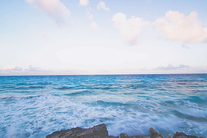 beach, blue sky, blue water, deep sea, ocean, sea, sky, wave crashing, HD wallpaper