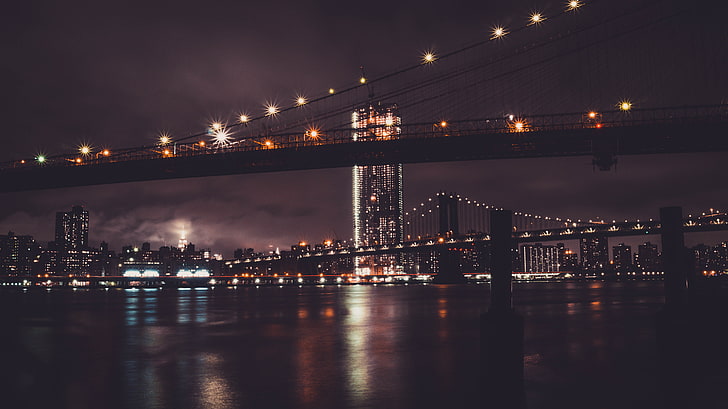 черный металлический мост, нью-йорк, ночь, городской пейзаж, бруклинский мост, манхэттенский мост, огни, длинная выдержка, HD обои