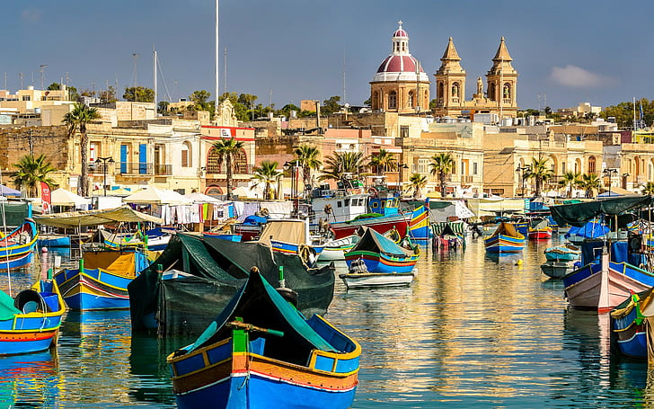 Marsaxlokk Bay, Marsaxlokk, Malte, bateaux, baie, Malte, Marsaxlokk, bâtiments, Marsaxlokk Bay, Fond d'écran HD