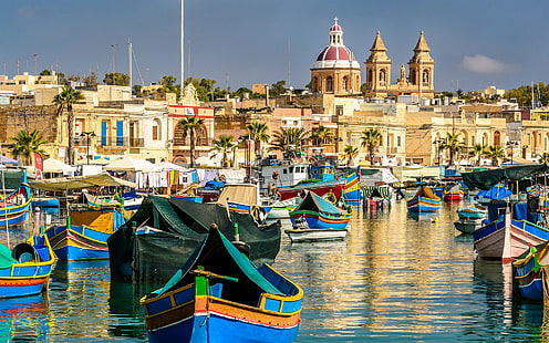 Marsaxlokk Bay, Marsaxlokk, Malta, båtar, bay, Malta, Marsaxlokk, byggnader, Marsaxlokk Bay, HD tapet HD wallpaper