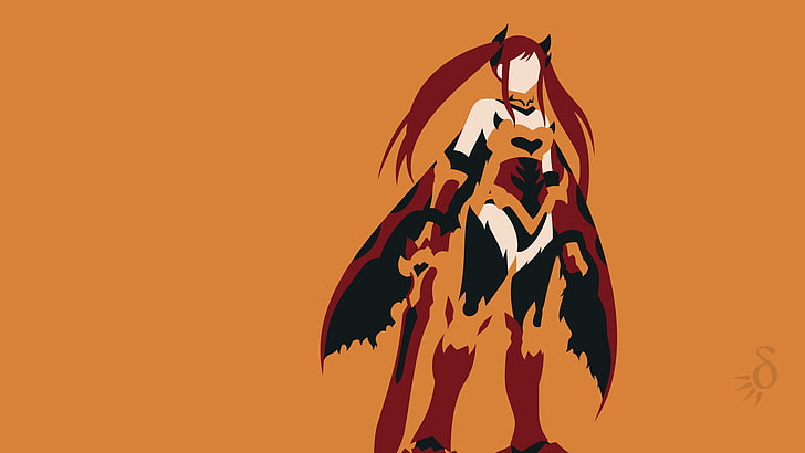 червенокоса жена жена анимационен тапет, Fairy Tail, вектор, аниме вектори, двойни опашки, аниме момичета, оранжев фон, HD тапет