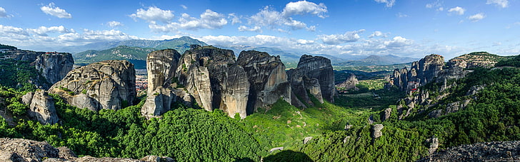 灰色の山々、風景、森、イタリア、岩、パノラマのパノラマ写真、 HDデスクトップの壁紙