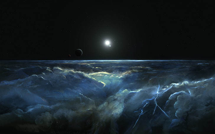 Stormy Atmosphere Of Merphlyn, astronomy, black, clouds, cloudy, digitalillustration, sci‑fi, space, stars, HD wallpaper