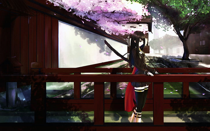 black, blossoms, cherry, hair, katana, kikivi, long, original, sword, thighhighs, weapon, HD wallpaper