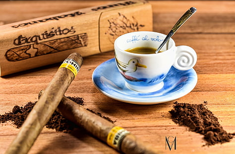 Stillleben, Tasse, Zigarren, Kaffee, Löffel, Massimo Cola, 500px, HD-Hintergrundbild HD wallpaper