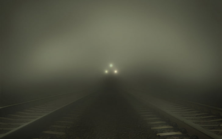 мъглив влак, влак, мъгла, релса, HD тапет