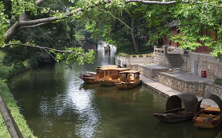 two brown boats, china, dock, boat, nature, river, trees, HD wallpaper