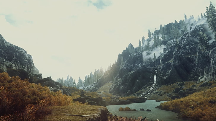 grå berg, The Elder Scrolls V: Skyrim, berg, tundra, videospel, HD tapet