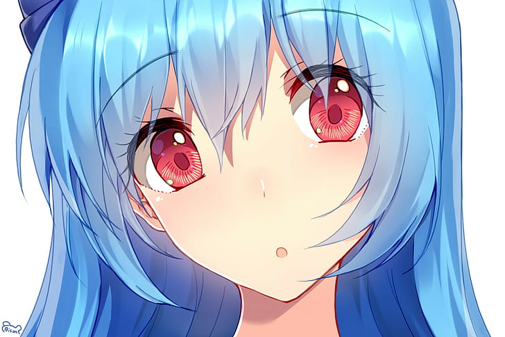 mata merah, rambut biru, gadis anime, Wallpaper HD