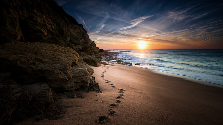 Earth, Beach, Footprint, Horizon, Nature, Ocean, Rock, Sand, Sunset, HD wallpaper