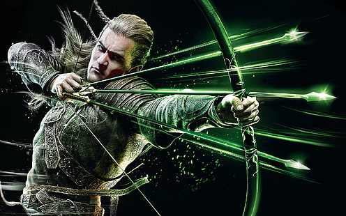 green arrow digital wallpaper, the dark background, elf, bow, the Lord of the rings, arrows, Legolas, Guardians of Middle-earth, HD wallpaper HD wallpaper