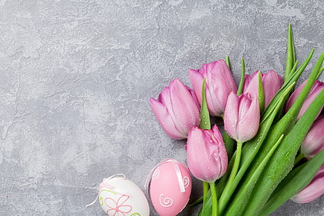 Пасха, тюльпаны, розовый, весна, яйца, декор, Happy, нежная, пастель, HD обои HD wallpaper