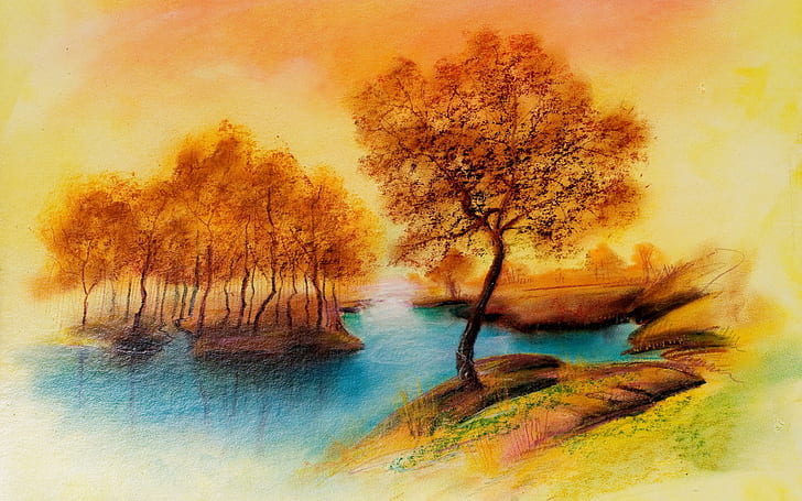 Пейзажный рисунок, голубая река в окружении коричневых деревьев, живопись, другое искусство, пейзаж, рисунок, деревья, озеро, HD обои