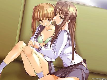 anime girls, lesbians, school uniform, schoolgirl, yuri, twintails, HD wallpaper HD wallpaper