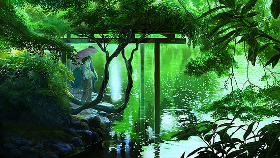 carta da parati digitale con alberi verdi, lago, piante, foresta, The Garden of Words, natura, anime, verde, Sfondo HD HD wallpaper