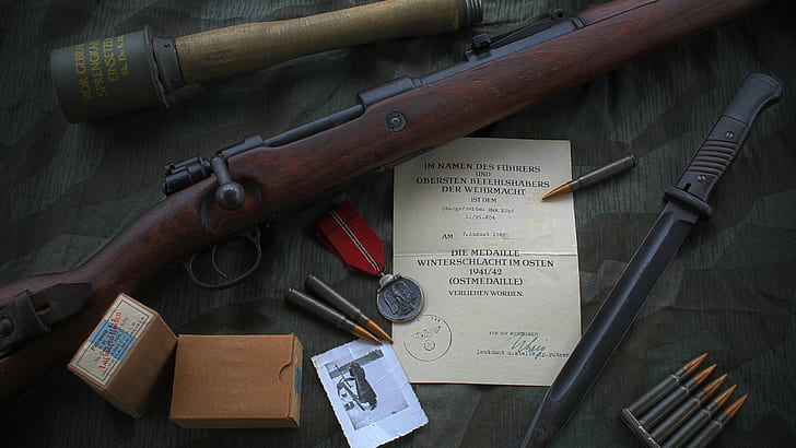 нож, маузер Kar98k, винтовка действия болта, 98k, пистолет, Вторая мировая война, гранаты, маузер, HD обои