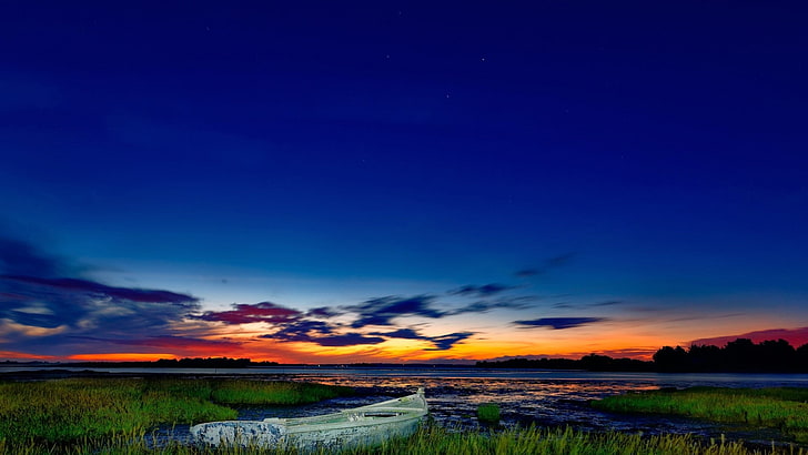 свет вечернее озеро лодка-природа HD Wallpaper, HD обои