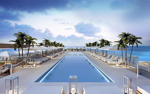 resa, Miami, pool, bokning, hotell, South Beach, hav, vatten, hav, semester, himmel, palm, solarium, HD tapet HD wallpaper