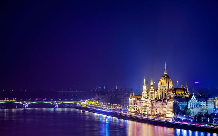 Унгария, Будапеща, градски пейзаж, Верижен мост, Унгарска сграда на парламента, нощ, светлини, мост, река, сграда, HD тапет