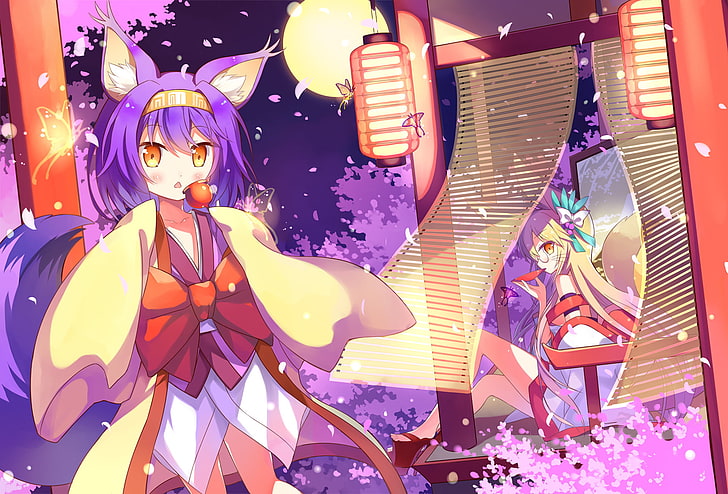purple-hared female anime character digital wallpaper, Anime, No Game No Life, Animal Ears, Izuna Hatsuse, Kimono, HD wallpaper